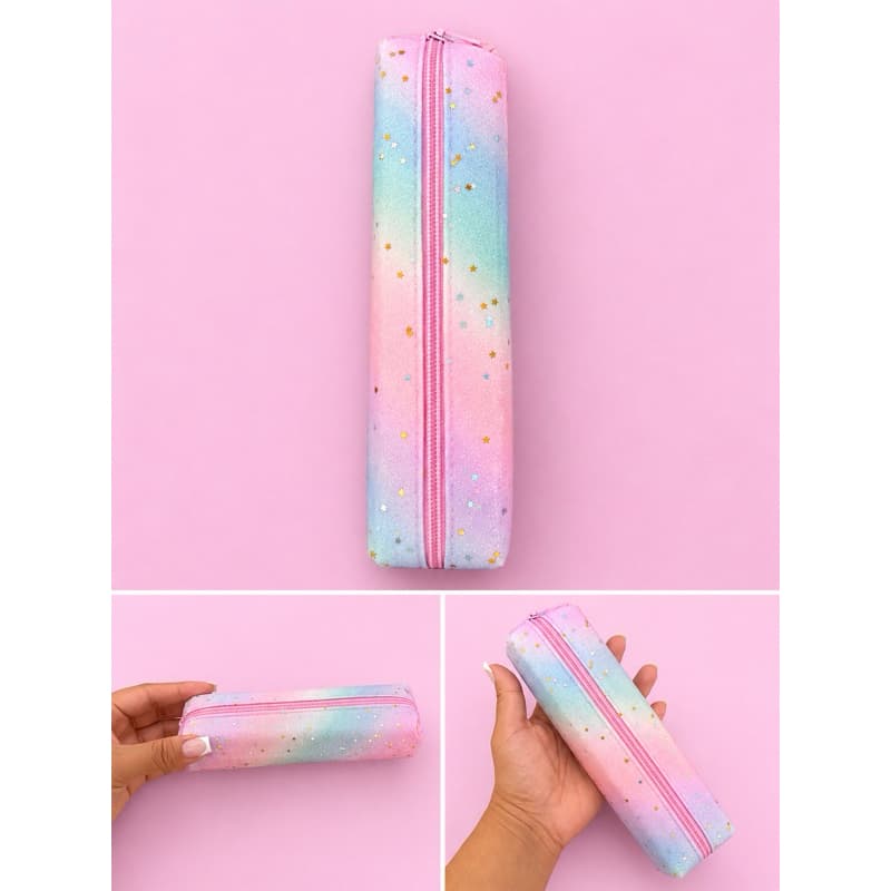 Estojo Escolar Kawaii Glitter Degradê Rosa e Azul | Estojo Fofo com Zíper para Escola e Faculdade