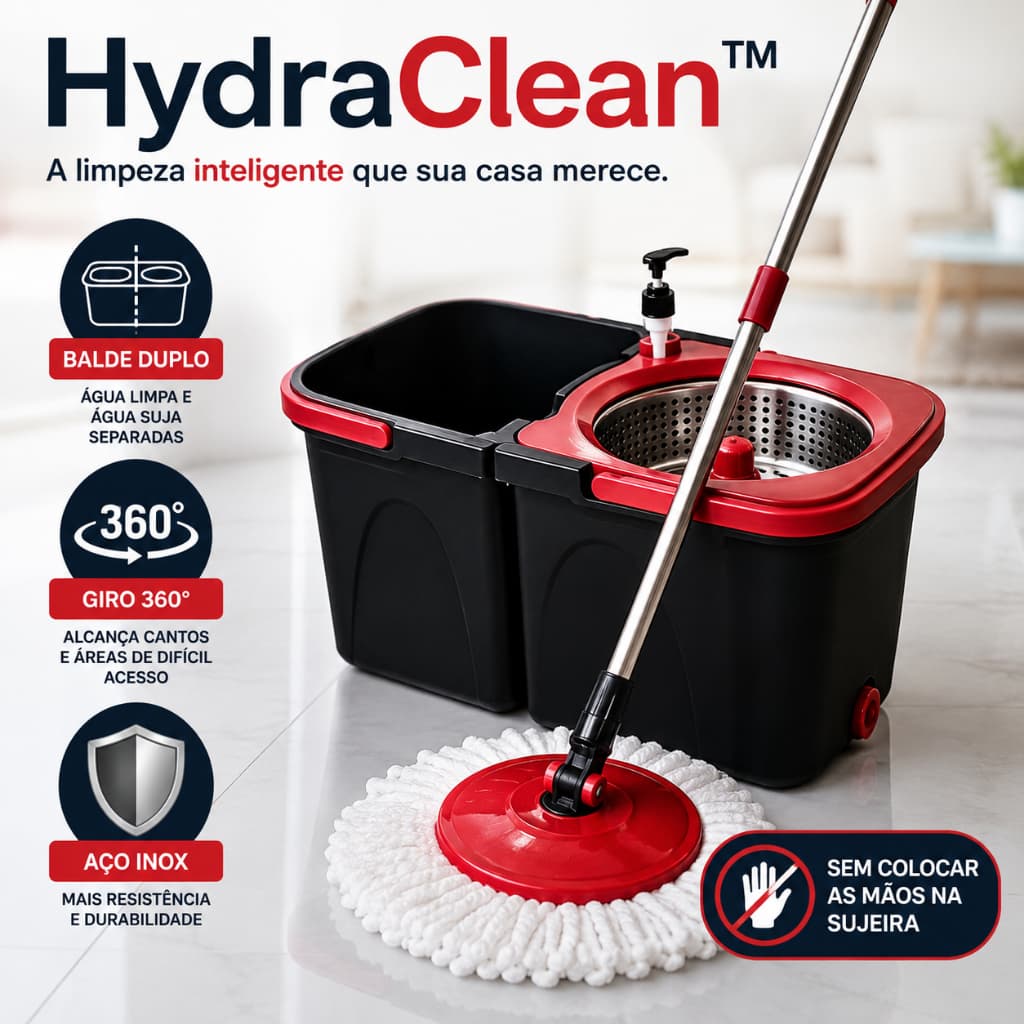 HydraClean™ Mop Giratório 360° Balde Duplo Centrífuga em Aço Inox com Microfibra Limpeza Prática