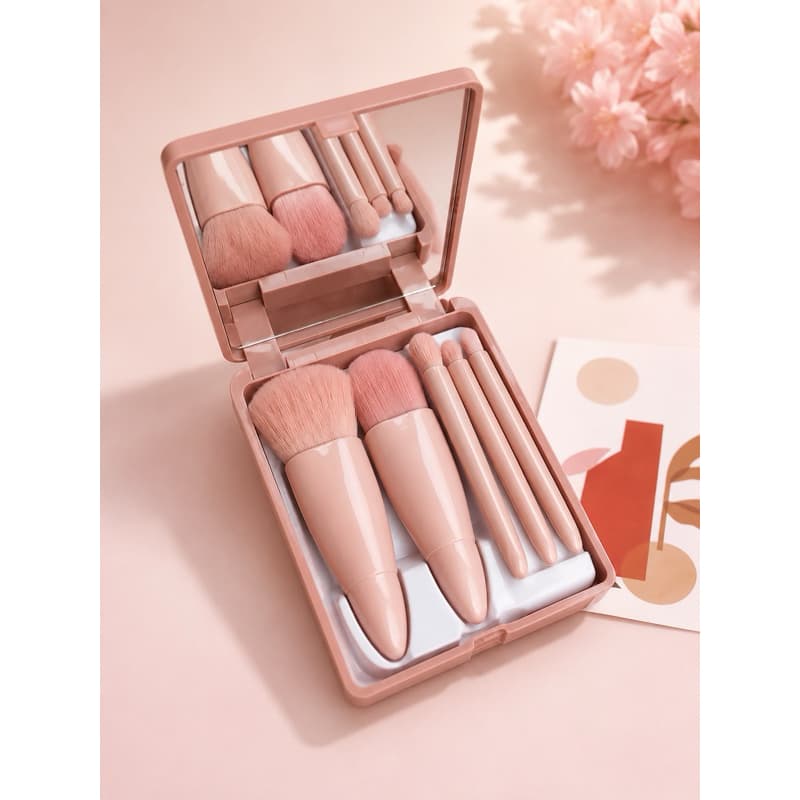 KIT DE PINCÉIS MAQUIAGEM 5 PEÇAS COM ESTOJO E ESPELHO ROSA PORTÁTIL FEMININO
