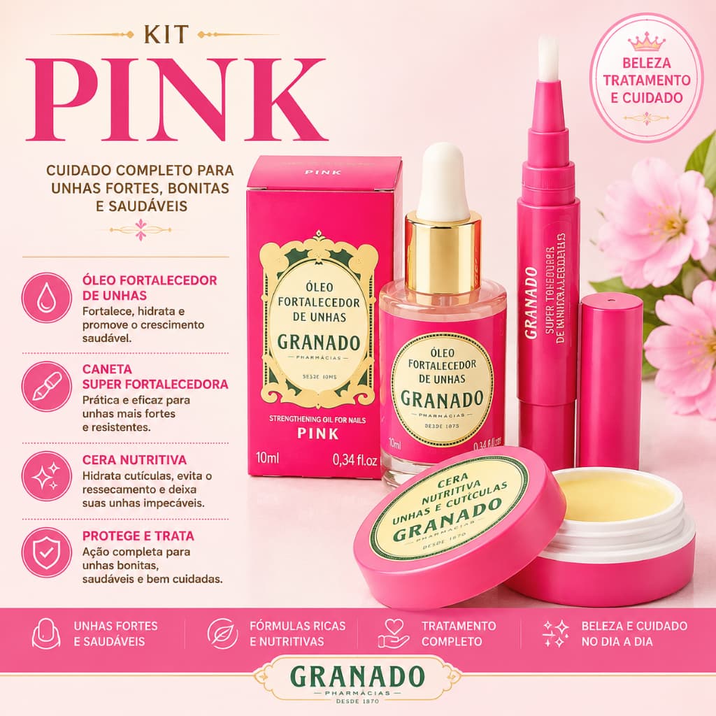 kit granado premium care unhas fortes hidratacao cuticulas oleo cera caneta sos original 3 itens