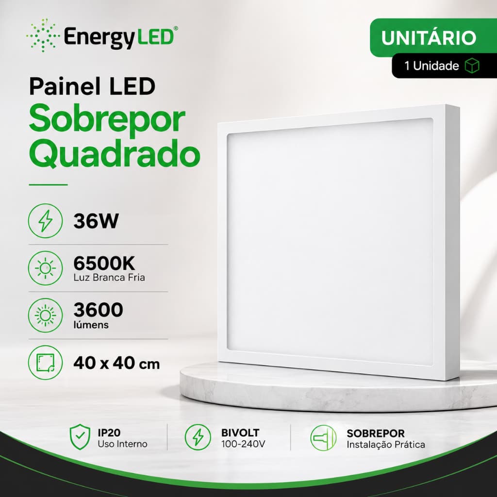 Painel LED Sobrepor 36W 40x40 Quadrado Branco Frio 6500K Bivolt Plafon EnergyLED