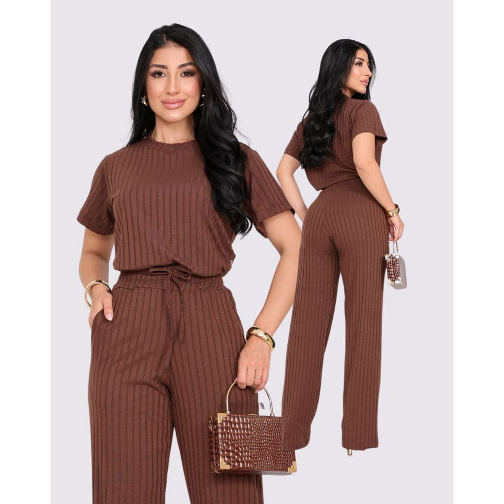 Conjunto Blusa Manga Curta Femnina + Calça Feminina Canelada Estilosa Confortavel Modelagem Premium