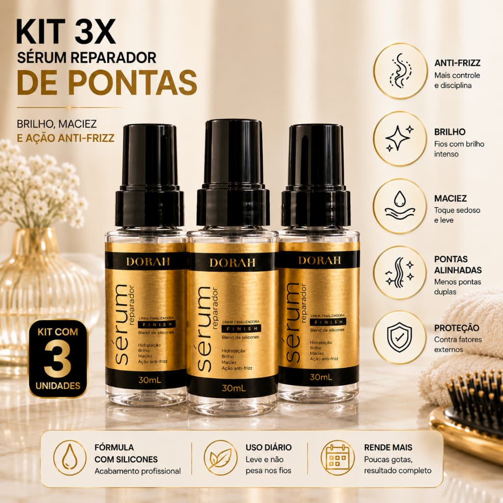 Kit 3x Sérum Reparador de Pontas 30ml Dorah Beauty Anti-Frizz Brilho Maciez
