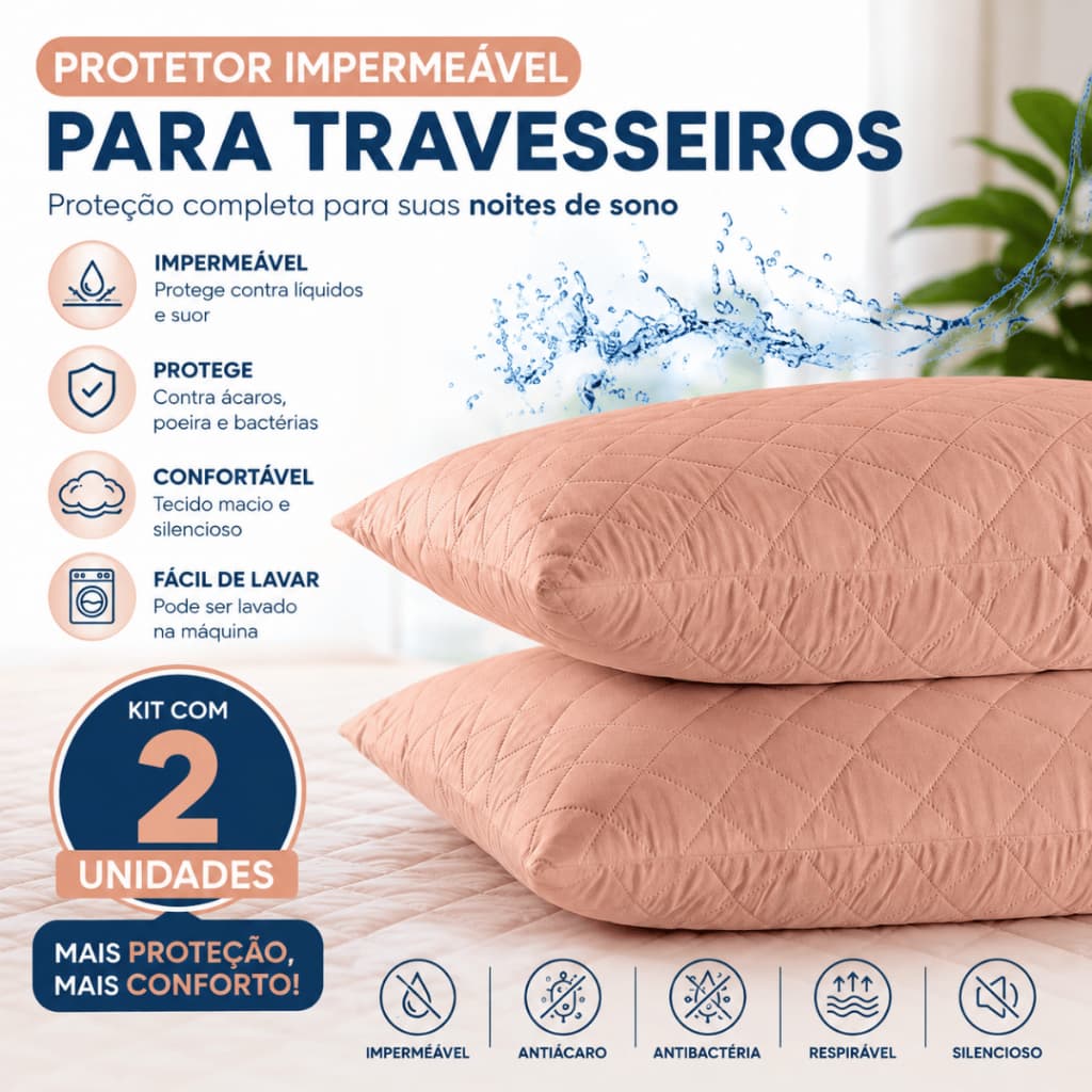 Kit 2 Capas Protetora Impermeável de Travesseiro Matelado com Zíper Premium Cama Antissuor Antiácaro