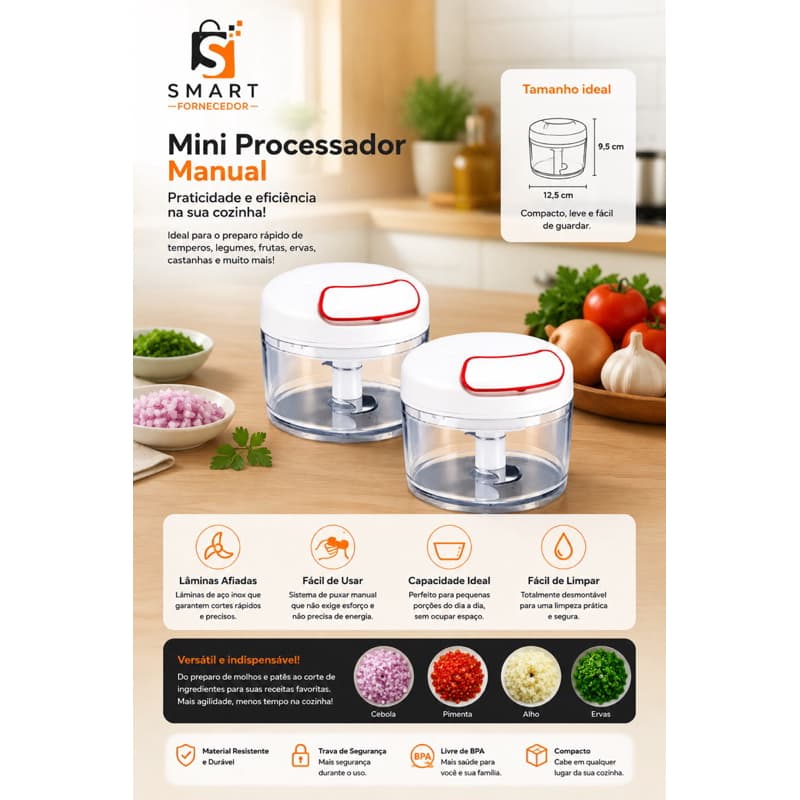 Mini Processador Manual POP 170ml – Triturador de Alimentos com 2 Lâminas em Aço Inox