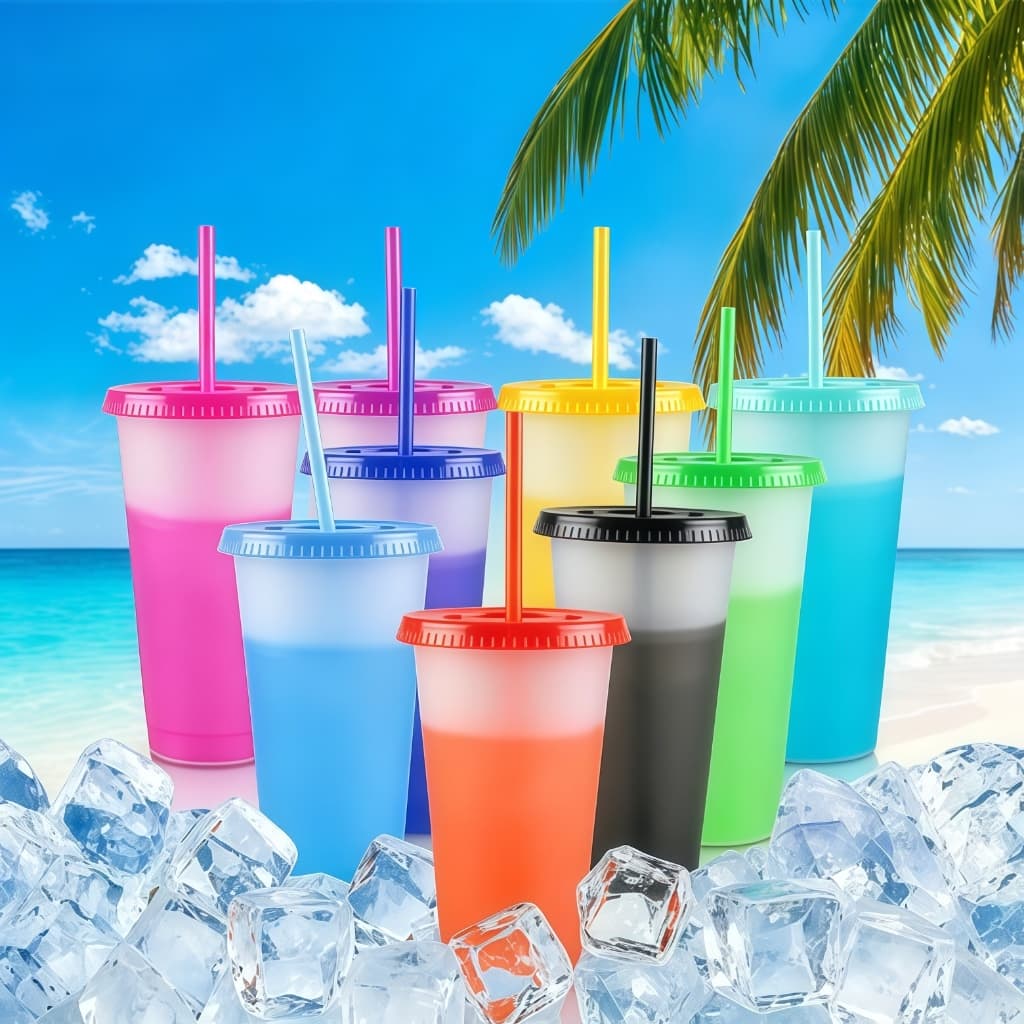 Copos Eco Reutilizáveis 10 Unidades 710ml com Tampa e Canudo Coloridos Modelo Universal