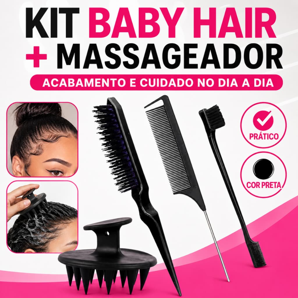 Kit Pente Escovinha Baby Hair + Massageador Capilar Couro Cabeludo