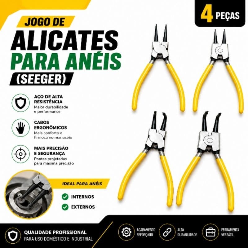 Kit/Jogo de Alicates para Anéis (Seeger) 7", da Idea, Composto por 4 Peças, Indicado para Instalação e Remoção de Anéis