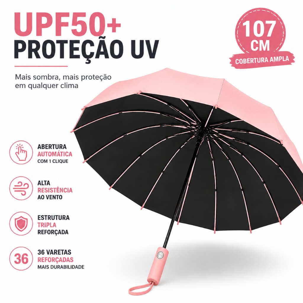 Guarda Chuva Dobrável Automático UPF50+ Anti Vento 12 Varetas Estrutura Tripla Grande 107cm Compacto Proteção UV