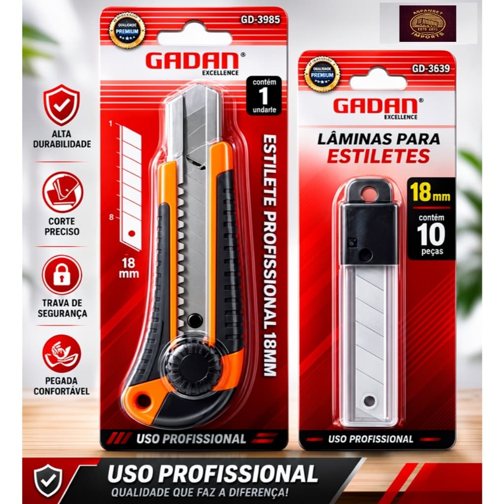 Kit Estilete Profissional 18mm + 10 Lâminas Extra | Trava de lâmina | Corte Preciso