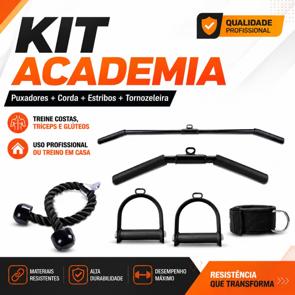 Kit 6 Puxadores Barra Curva Costas 120cm Corda Tríceps Tornozeleira Estribos Musculação Academia