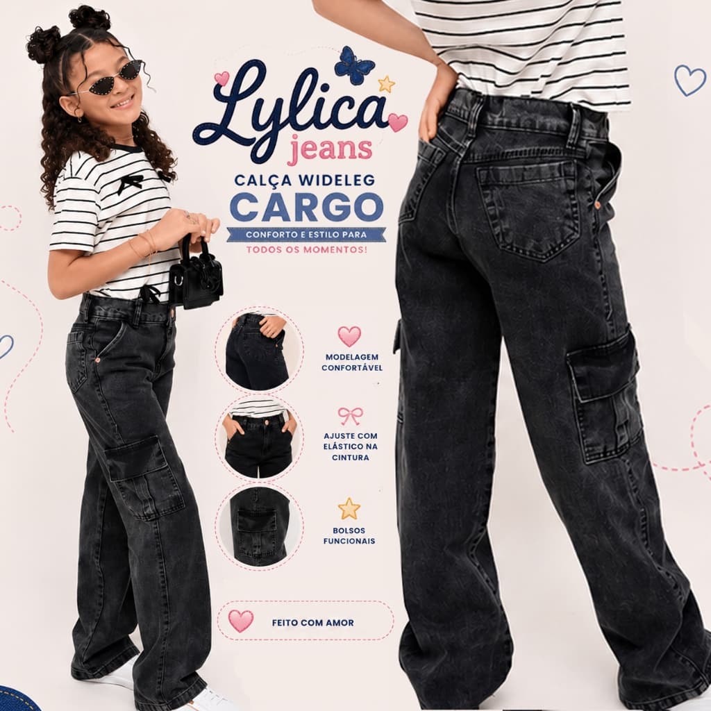 Calça Jeans Infantil Feminina WideLeg Cargo Black Marmorizada  Juvenil 8 a 16 Anos Lançamento Exclusivo Alto Padrão