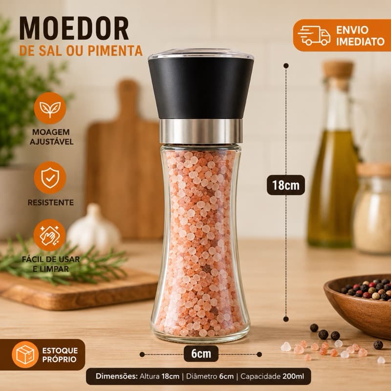 Moedor de Sal e Pimenta Vidro 200ml 1 Und Resistente Cozinha Restaurante Bar Temperos Sal Grosso