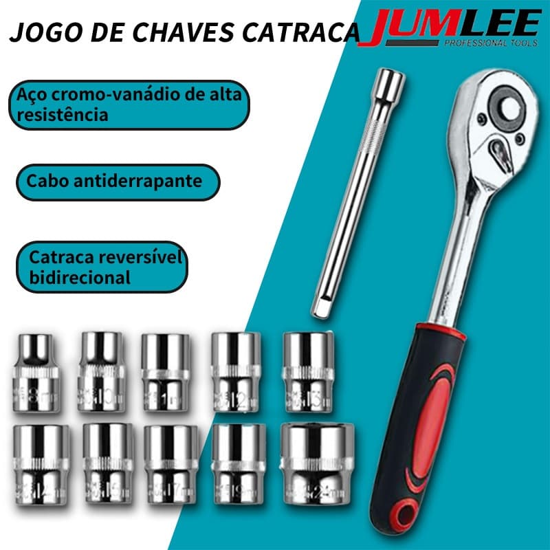 Jogo De Soquete Sextavado 1/2 Catraca 12 Peças 8 a 24mm com Extensão