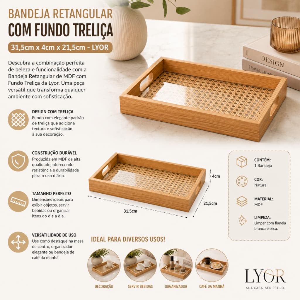 Bandeja Retangular Grande Bambu e Palhinha Com Alças 39cm Decoração Elegante Lyor