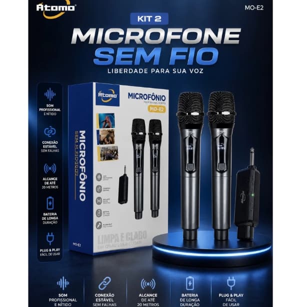 Kit 2 Microfone MO-E2 Dinâmico Sem Fio Profissional Recarregável UHF e Wireless Com Receptor