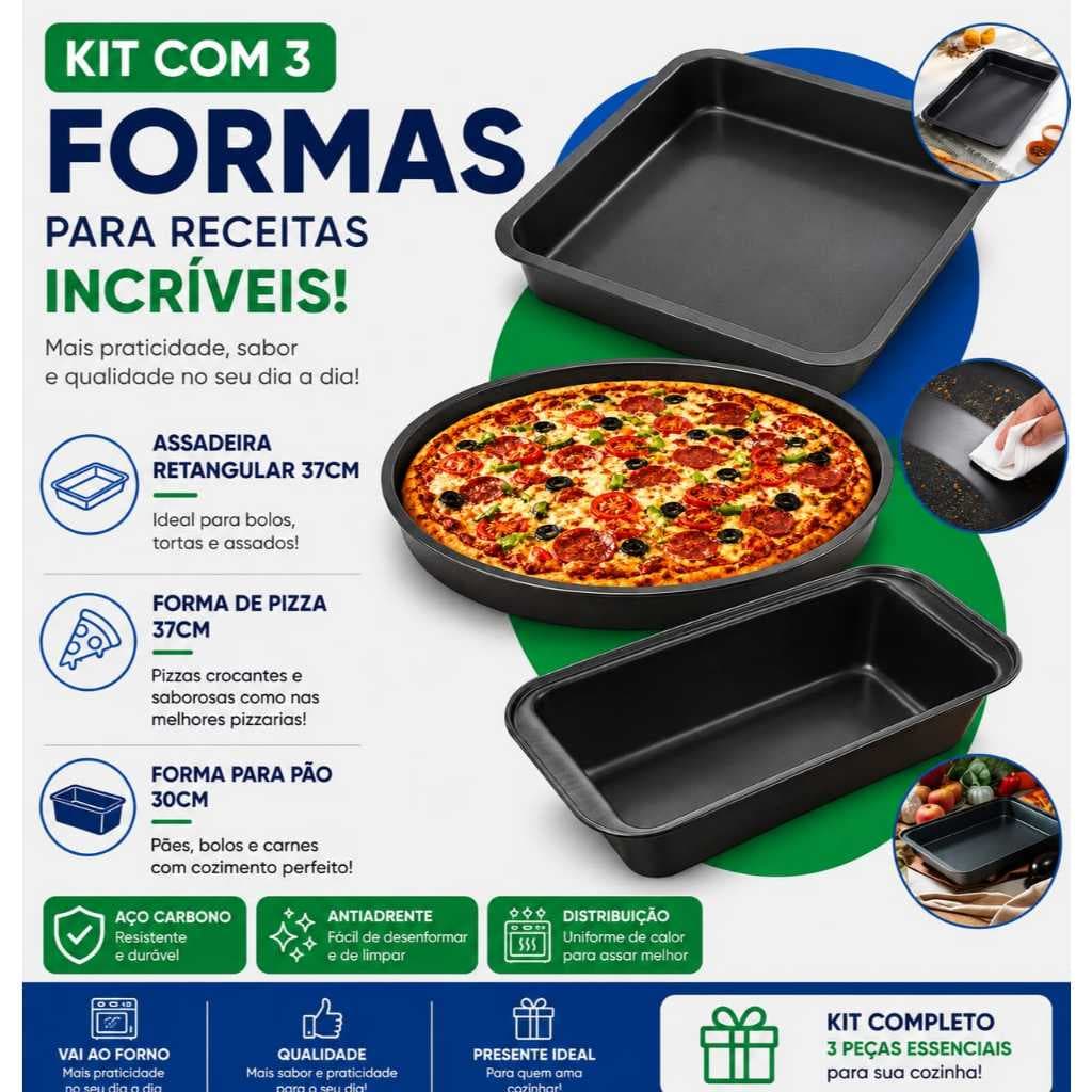 Kit 3 Pecas Assadeira 37 Cm Bolos  +  Forma Assadeira Pão Caseiro + Forma Para Pizza Aço Carbono