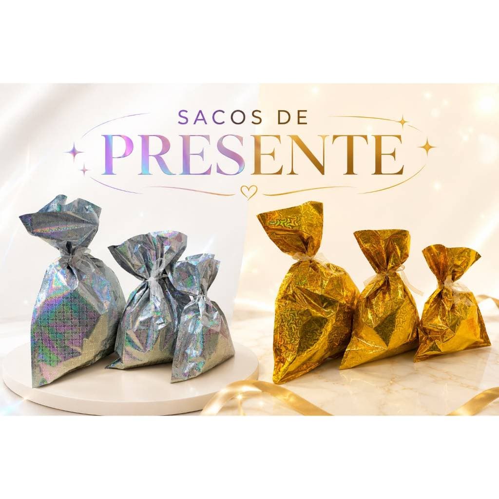 Sacos para Presente Metalizado com Laço Organza P/M/G Holográfico Embalagem Fina Dourado/Prata Premium