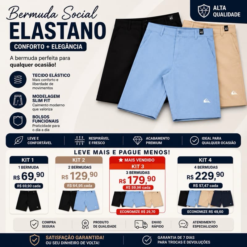 Bermuda Masculina Social Elastano Premium Slim Fit Com Bolsos Conforto Casual Dia a Dia