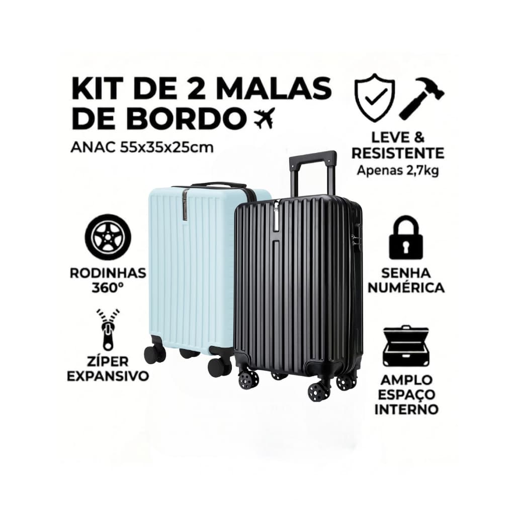 Kit 2 Malas de Bordo 10kg com Rodinhas Giratórias 360° e Bloqueio de Código