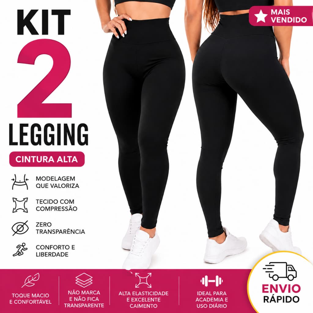 Kit Legging Cintura Alta Modeladora Premium Confortável Compressão Fitness
