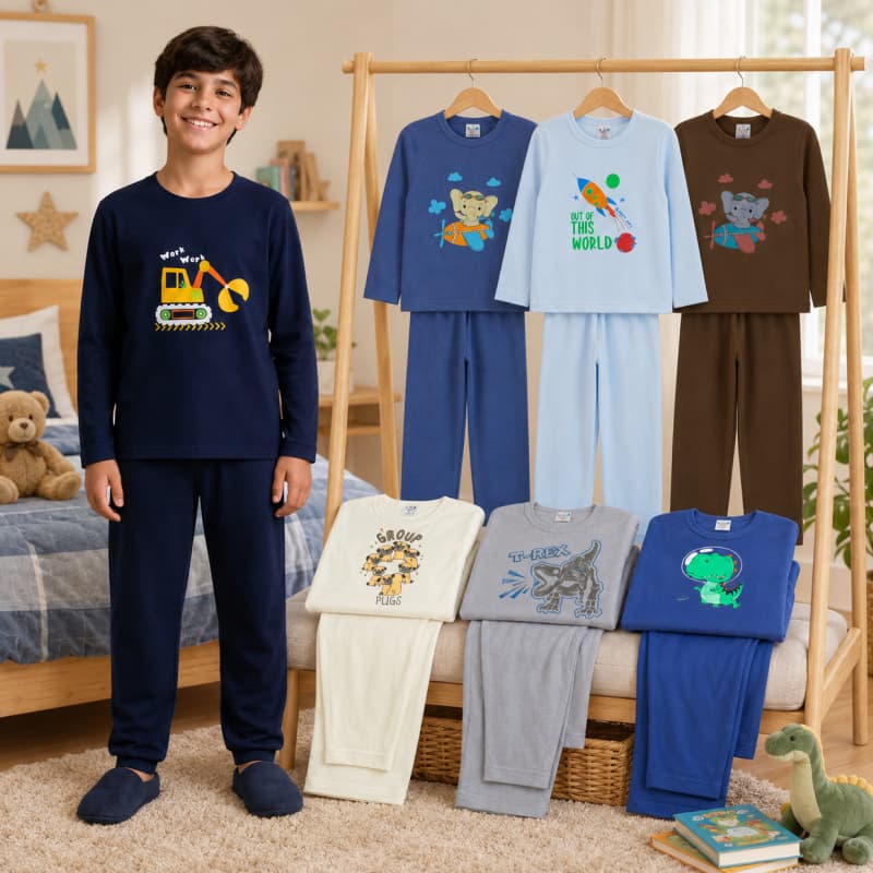 Pijama Moletom Juvenil Masculino Peluciado Comprido Roupa de Inverno Frio Infantil Menino Quentinho