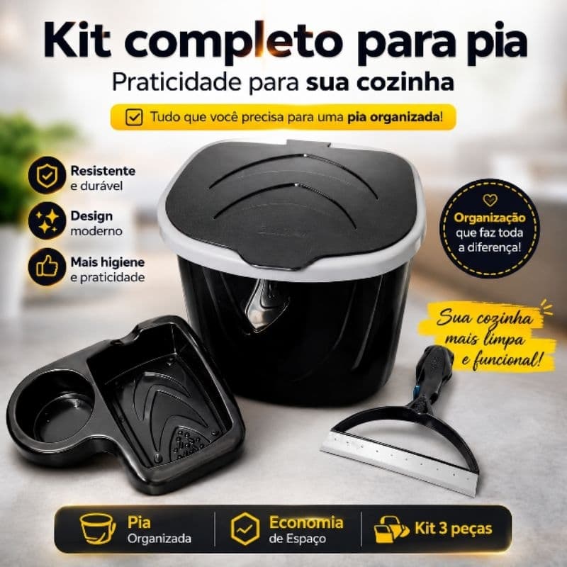 KIT COMPLETO PARA PIA - 3 ITENS, LIXEIRA DE PIA + RODO / RODINHO DE PIA + PORTA DETERGENTE E ESPONJA
