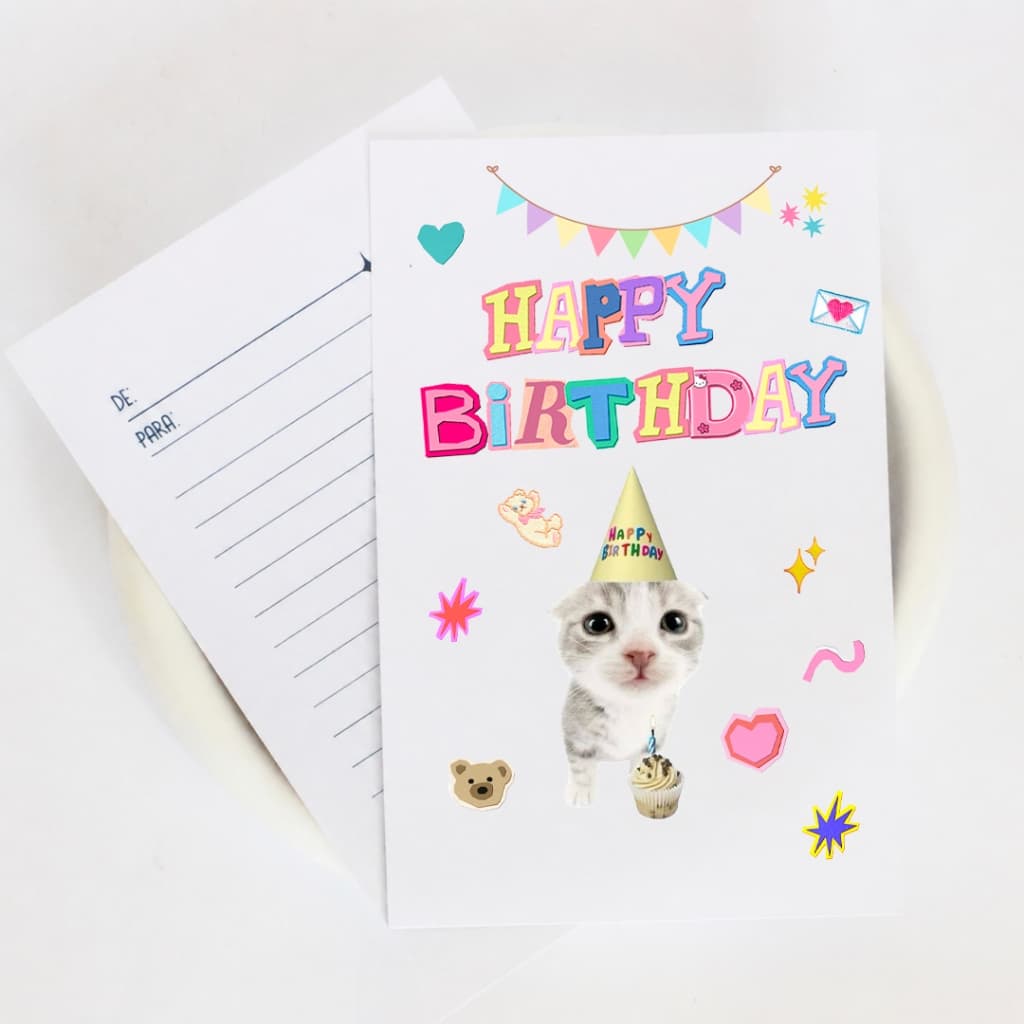 Cartão Presente Feliz Aniversário Gatinho