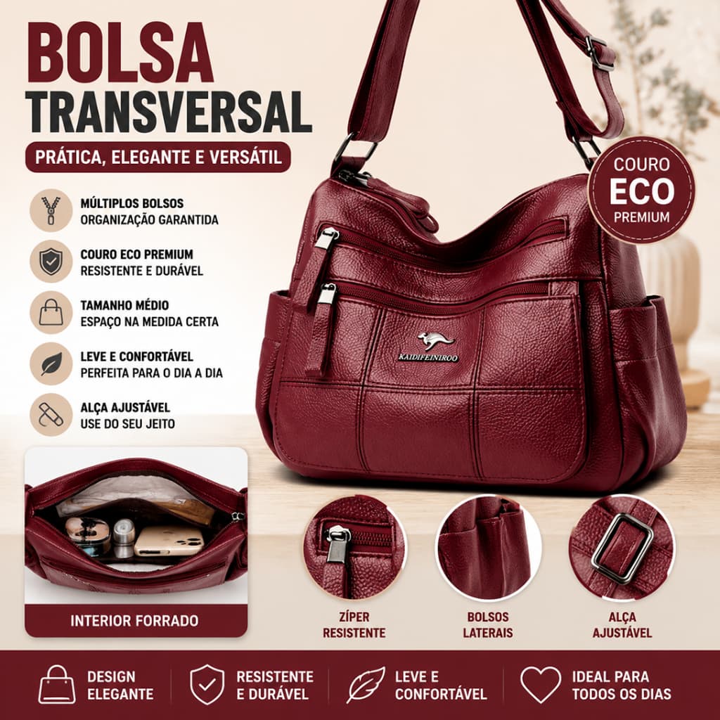 Bolsa Feminina Transversal em Couro Eco - Tamanho Médio Ideal para o Dia a Dia - Design Prático e Elegante
