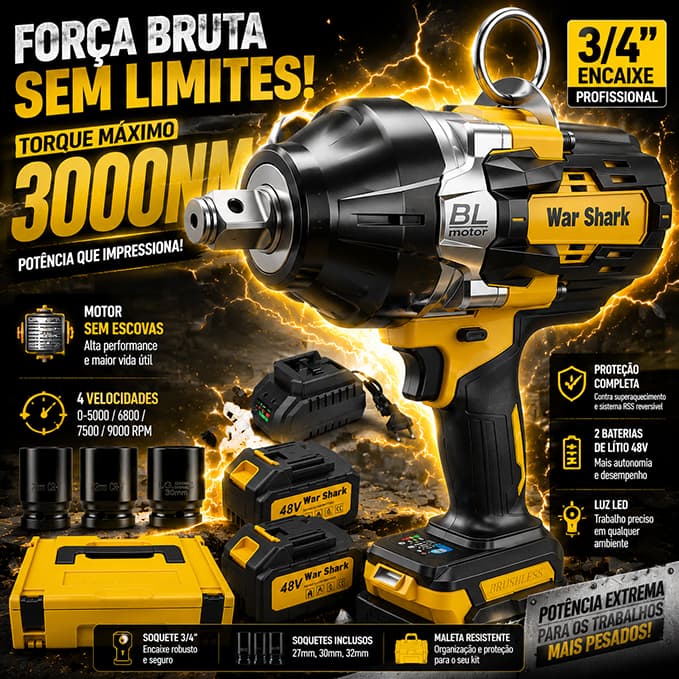 3000NM 9000RPM Chave De Impacto Sem Fio Elétrica Brushless Motor Kit com 2 Baterias e Maleta