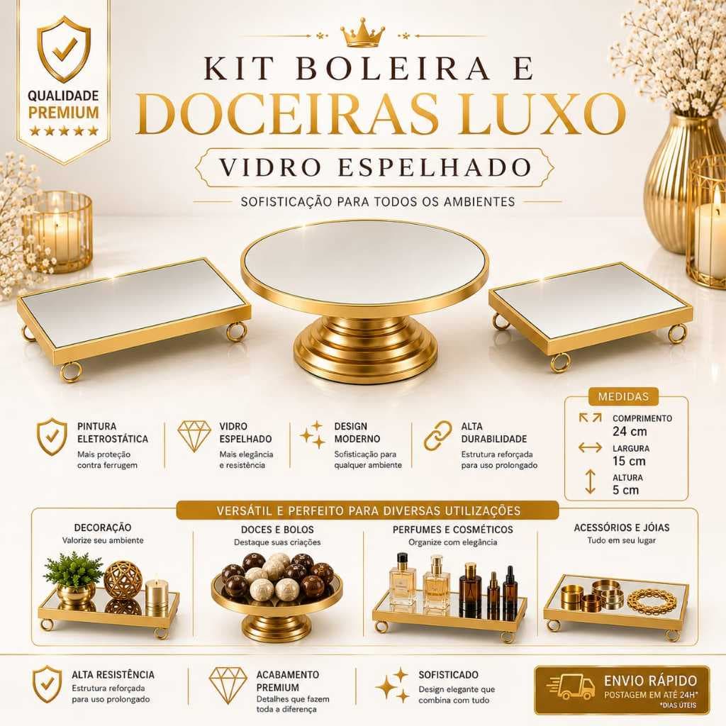 Kit Festa Boleira e Doceiras 3 peças Dourado Luxo Premium Decoração