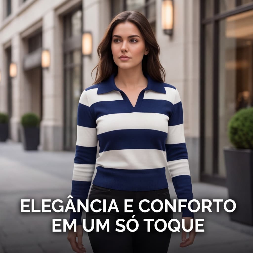 Blusa Feminina Tricot Modal Gola Polo Listrada Estilosa Manga Longa Casual Confortável