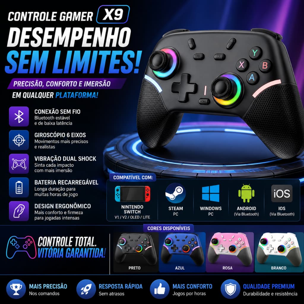 Controle Gamer Sem Fio Switch OLED Lite PC Steam Bluetooth Recarregável X9