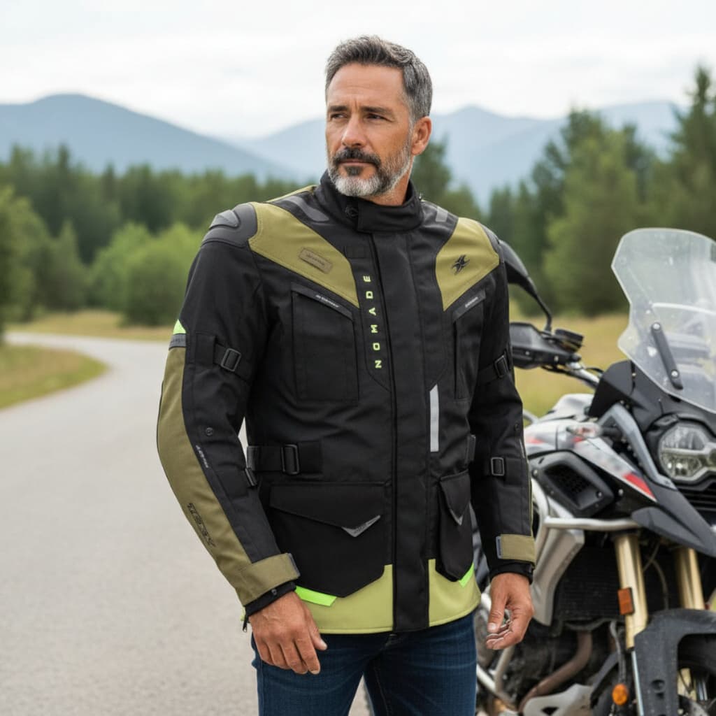 Jaqueta Texx Nômade Masculina Preta Verde Impermeável Proteção Motociclista Adventure Touring Viagem
