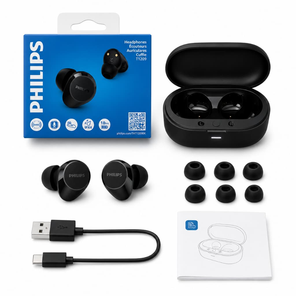 FONE DE OUVIDO BLUETOOTH PHILIPS T1209 IPX4 BASS BOOST 18HRS BATERIA COM CASE RESISTENTE À AGUA