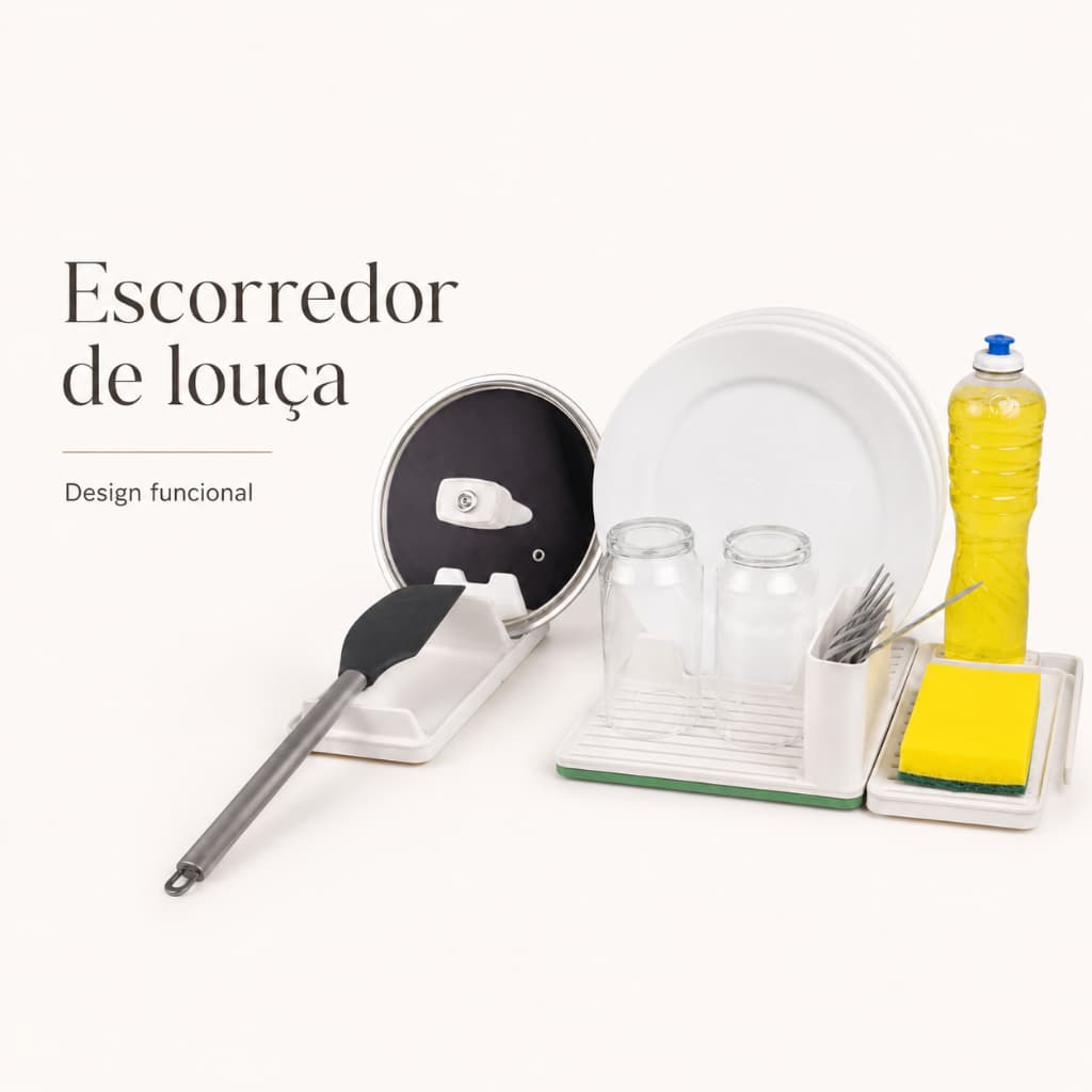 Escorredor de Louças Compacto com Porta Talheres Porta Detergente Suporte para Tampa e Bandeja Drenante antiderrapante