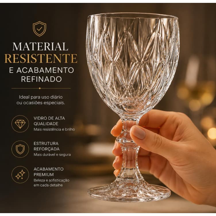 Kit 3, 6 ou 12 Taças Vidro Diamante 340ml Luxo Elegante Copo Água Vinho Suco Taça Diamond