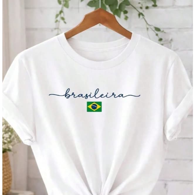 Camiseta Feminina Brasileira Manuscrita Brasil 100% Algodão