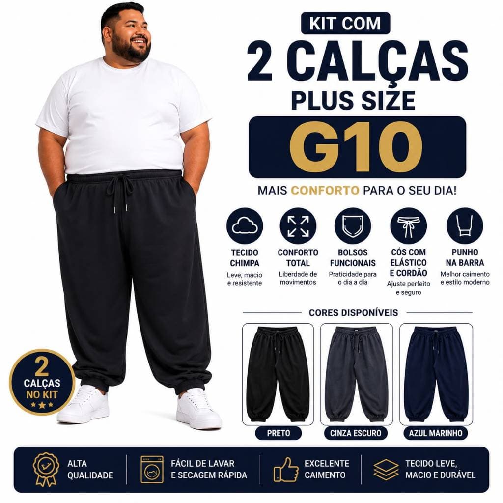 Kit 2 Calças Plus Size Masculina G10 Cós com Elástico e Cordão