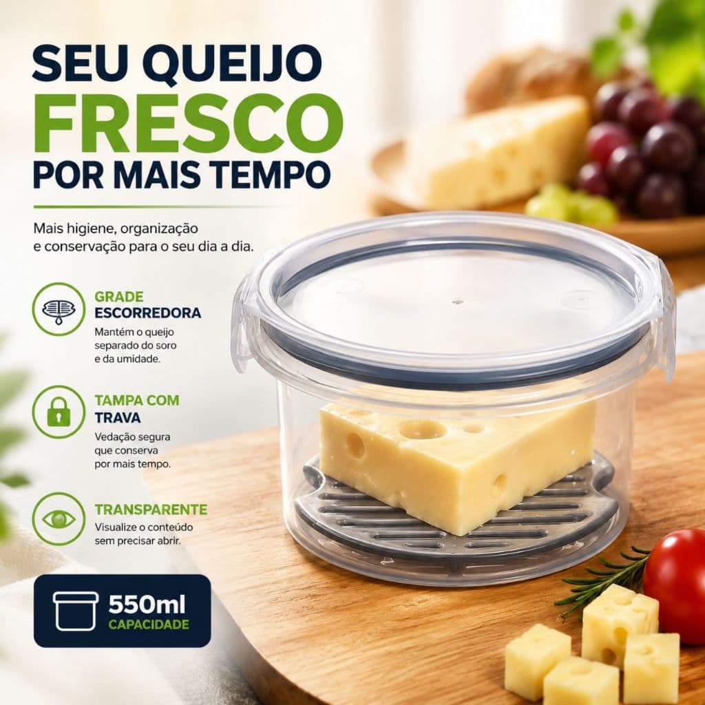 Quejeira Pote com Trava Transparente Grade Escorredora 550ml Queijeira Porta Queijo Redonda Hermética