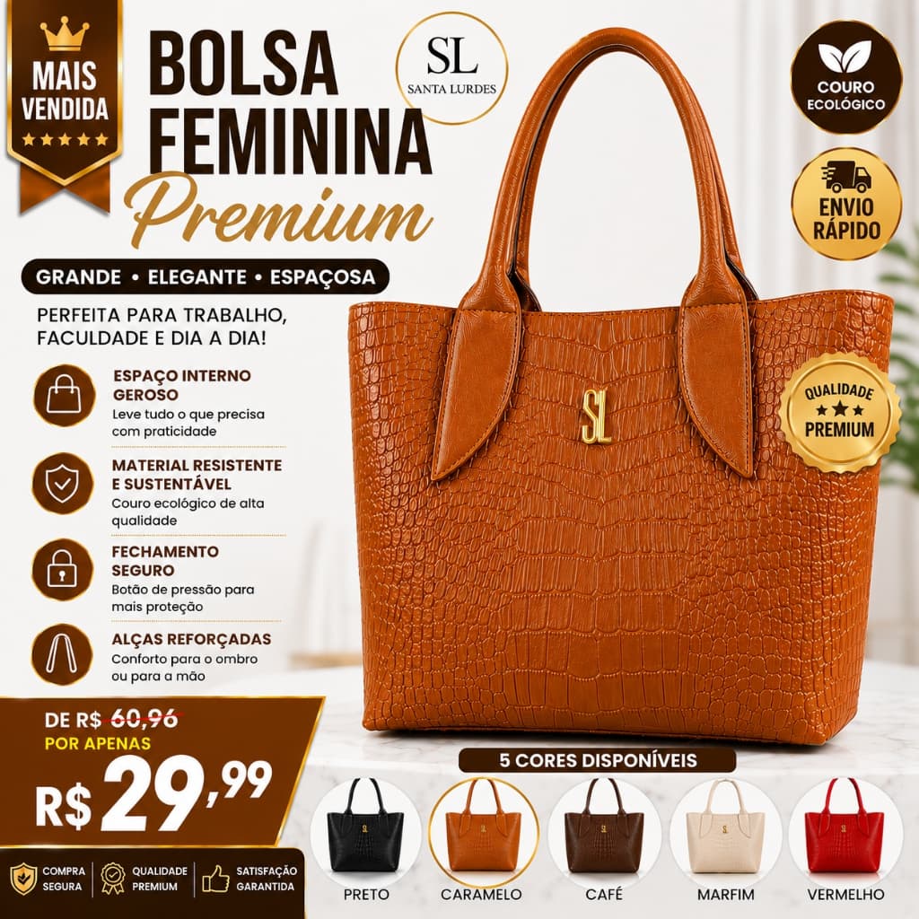 Bolsa Feminina Tote Grande Couro Ecológico Crocodilo SL – Bolsa Sacola Espaçosa Notebook Trabalho Faculdade