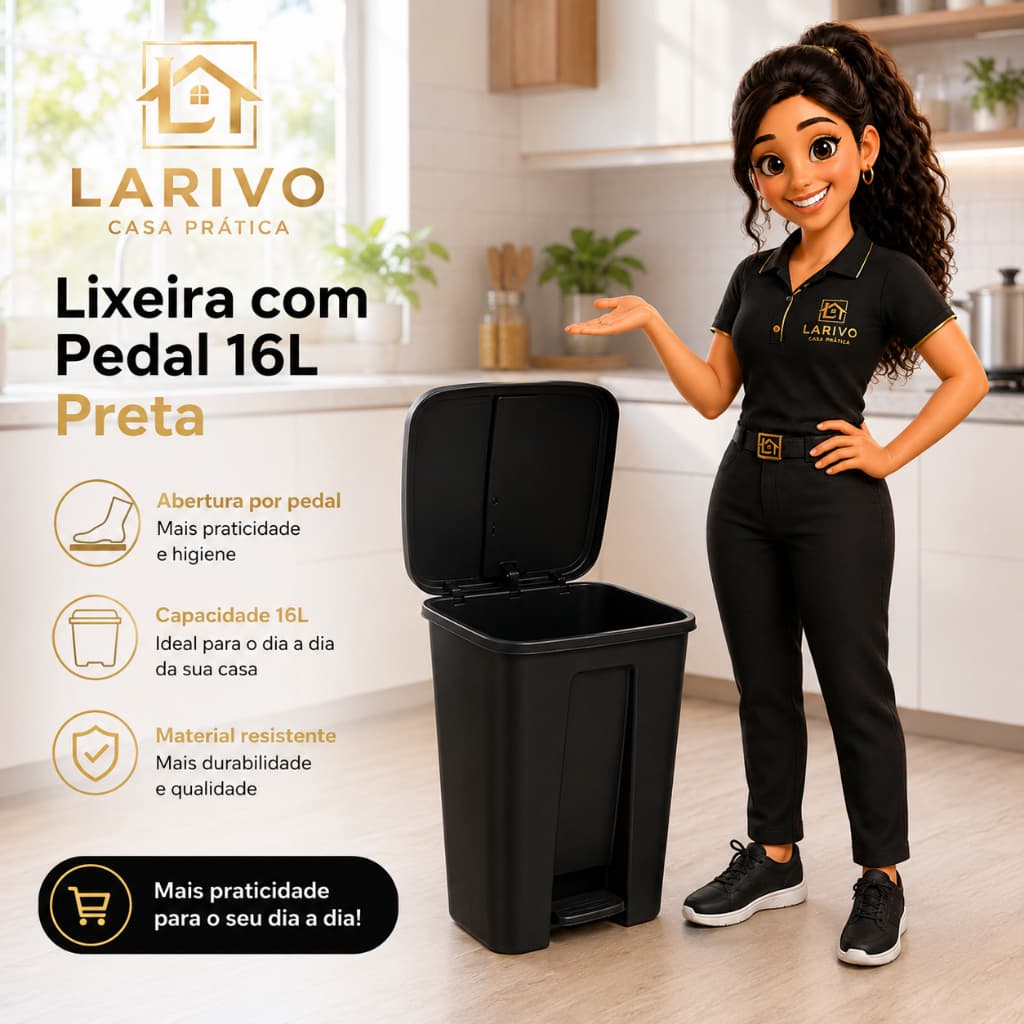 Lixeira Pedal 16 Litros Capacidade Compacta Design Preto Organizador Praticidade