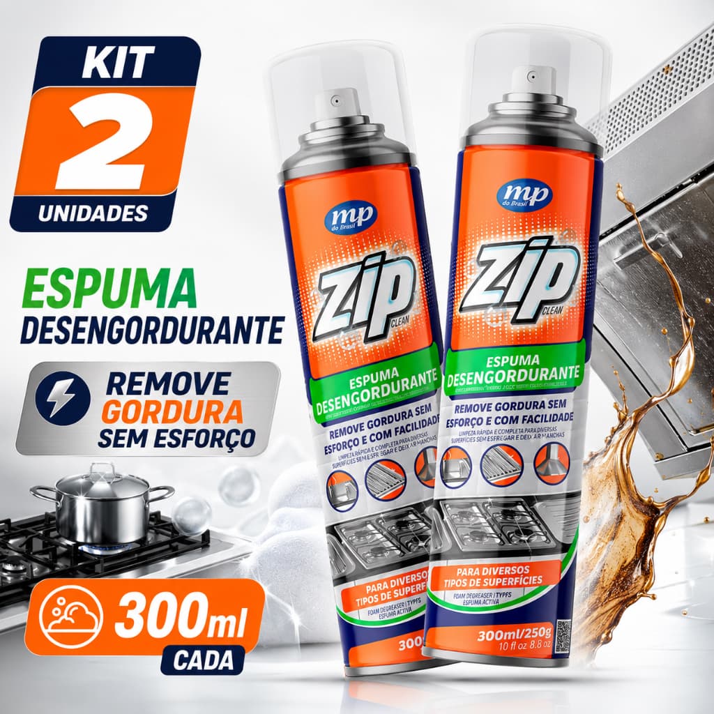 Kit 2 Desengordurante Espuma Zip 300ml Limpa Forno Fogão Cozinha Remove Gordura Pesada
