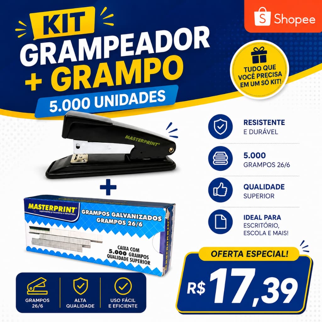 Kit Grampeador Metal + 5.000 Grampos 26/6 Galvanizados Escolar Escritório MASTERPRINT
