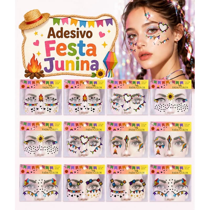 Adesivo Facial Feminino Festa Junina  （com strass）- Kits com 3, 5ou 12 Unidades