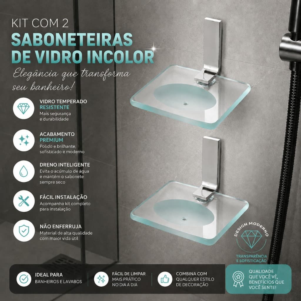 Kit 2 Saboneteiras Vidro 8mm Polida Para Banheiro Parede Premium