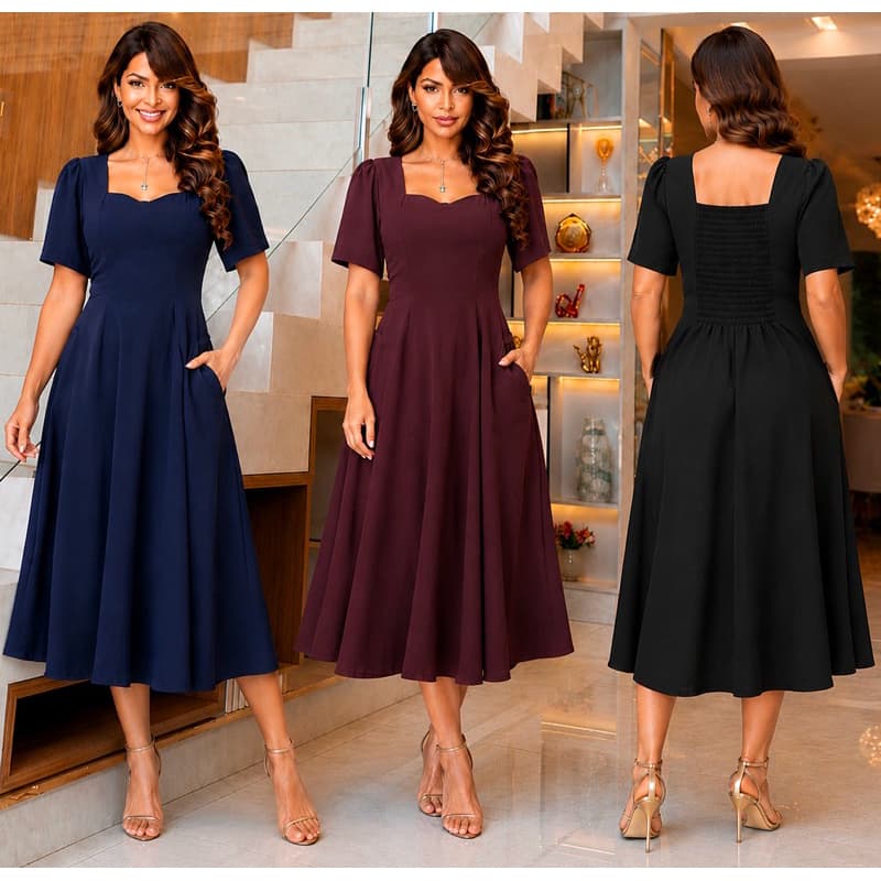 Vestido Midi Evasê  Manga Bolso Moda Evangélica Tecido dunas Leve Confortável Elegante Casual Rodado Godê Chic Modesta