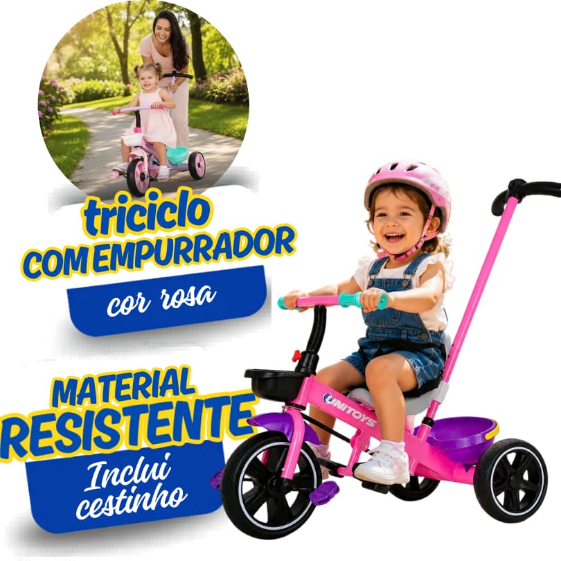 Triciclo Com Assento Reclinavel Empurrador Ajustavel Rosa Infantil