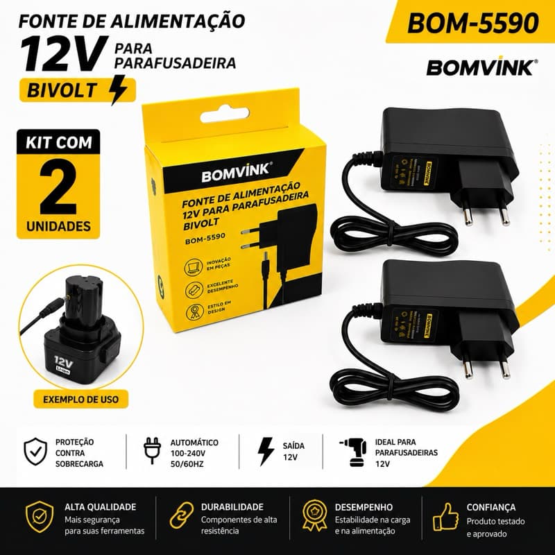 2x Carregadores  12.6V Bivolt para Parafusadeira 12V Potente e Estável P4 BOM5590