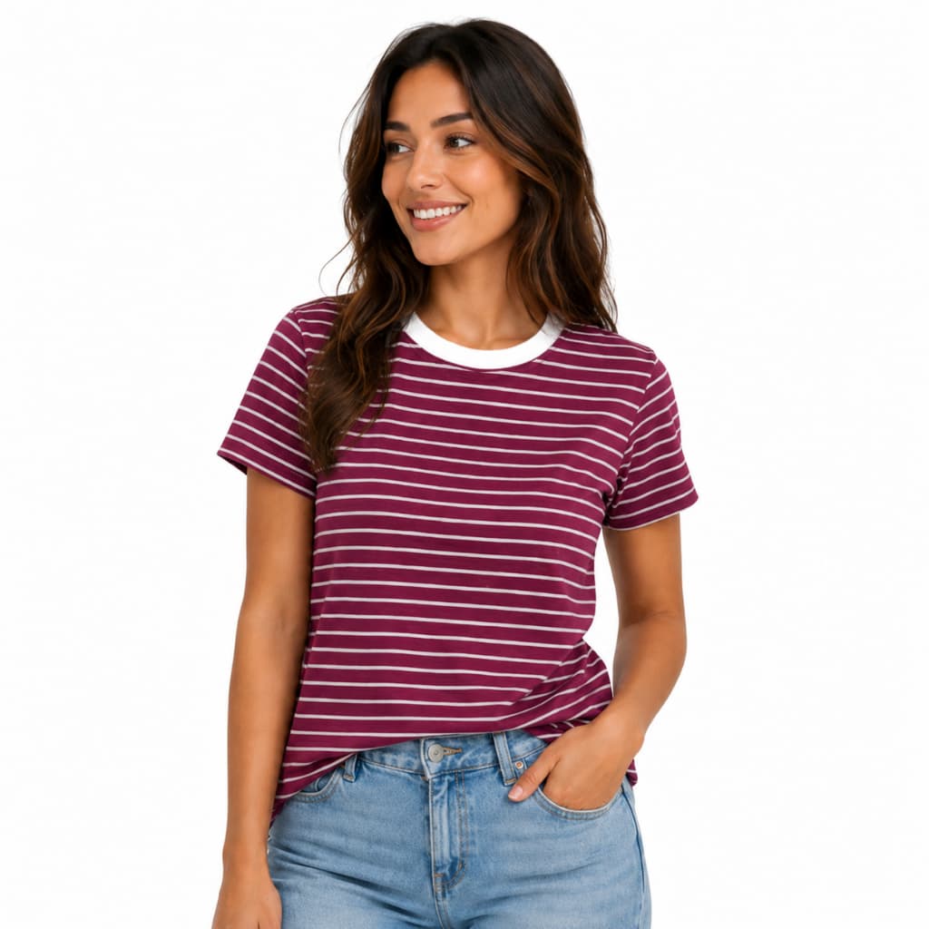 Blusa Feminina Adulta Básica Listrada Casual Manga Curta Verão